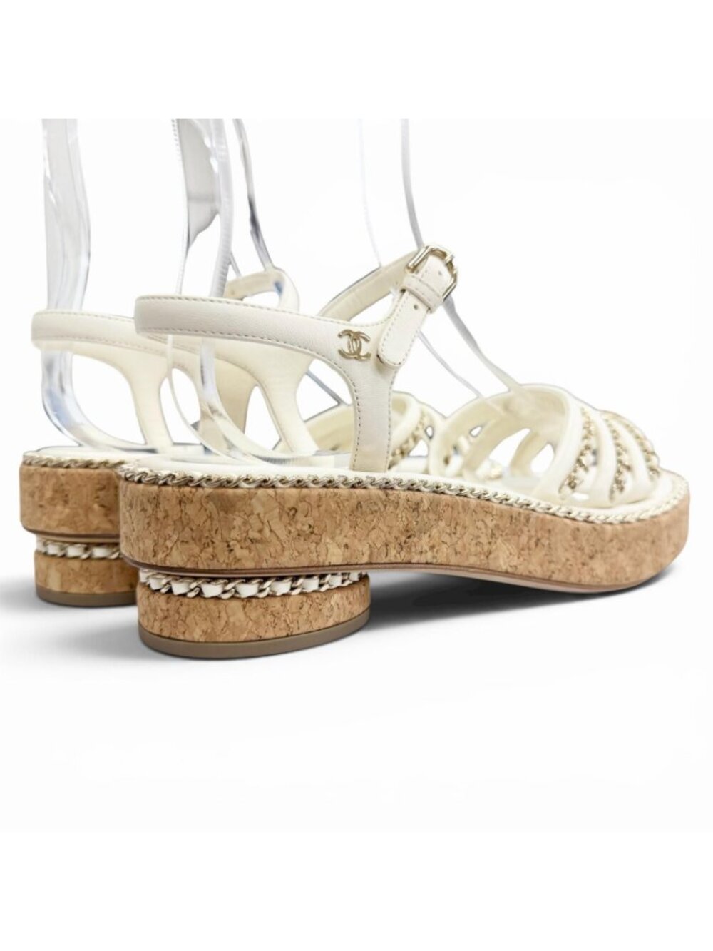 Chanel CC Logo Chain Strap Cork Sole Leather Sandals Ivory 38 Recommended - Picture 5 of 11
